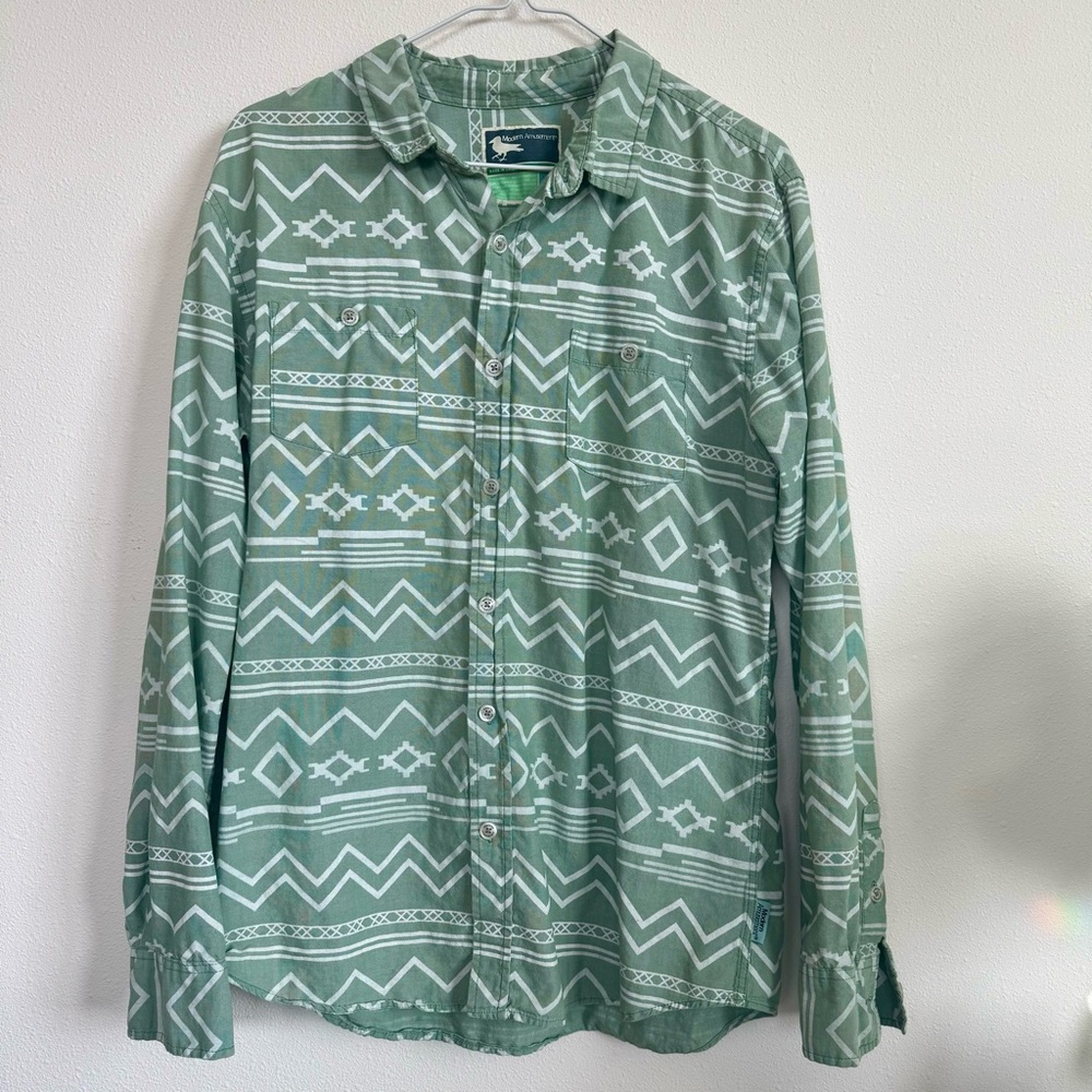 Modern Amusement Green Long Sleeve Button Up Shirt with Aztec Print